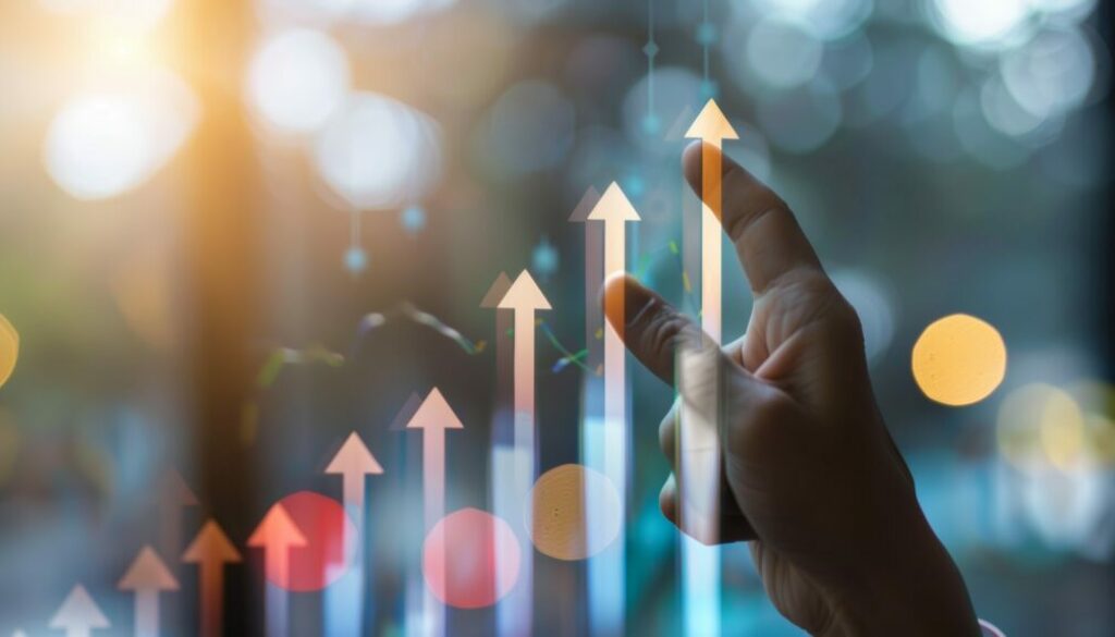 Hand pointing at upward arrow graph, symbolizing growth, success, and positive trends in business or finance.