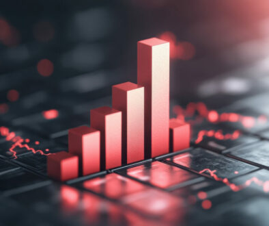 Digital financial growth graph with ascending red bars on keyboard