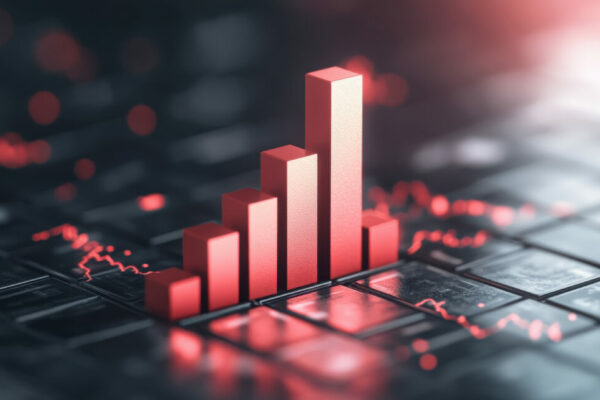 Digital financial growth graph with ascending red bars on keyboard